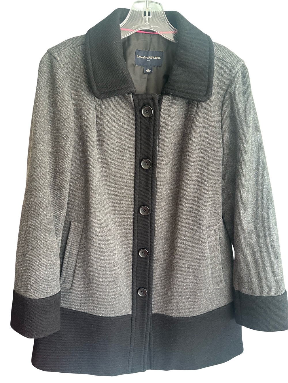 Banana Republic Wool-Blend Button Front Lined Gray & Black Pea Coat